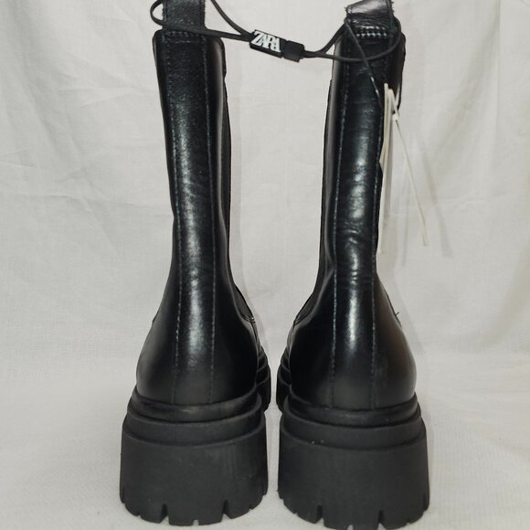 NEW Zara Z1B Chunky Black Leather Chelsea Pull On Boots Women's Size: 39 US 8 - Picture 4 of 11